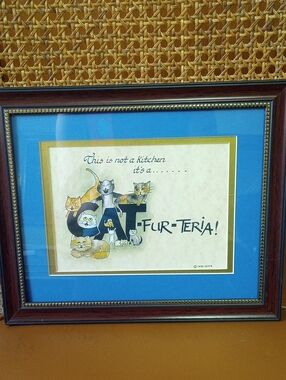 "This is Not a Kitchen, It's a Cat-Fur-Teria!" Framed/ Matted Vintage Feline Art
